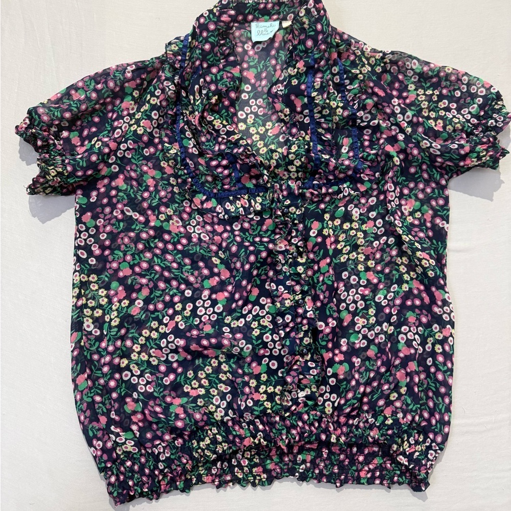 Kimchi & Blue Blouse Womens Medium Navy Sheer Floral Ruffle Short Sleeve - Picture 8 of 8